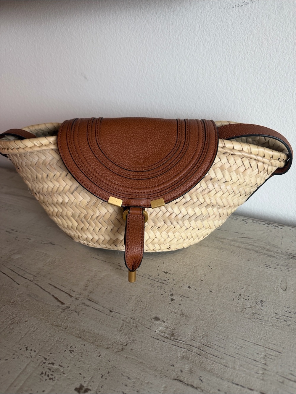 Chloe Tan Leather & Natural Straw Crossbody Bag